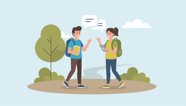 Two young high school students chatting on their way home in a green park environment with speech bubbles.