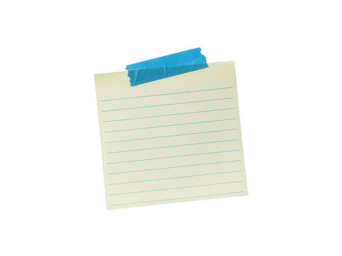 Yellow sticky note with blue adhesive tape isolated on transparent background for professional office reminders