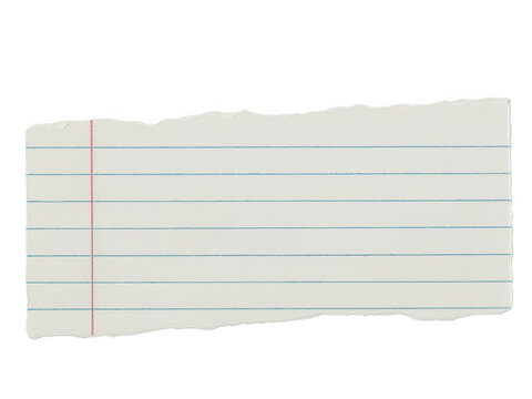 Small rectangular scrap of lined notebook paper with red margin line isolated on transparent background for design