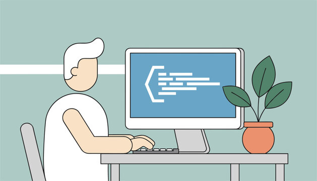 Dedicated programmer writing software code on a desktop computer in a minimal and cozy workspace with house plant.