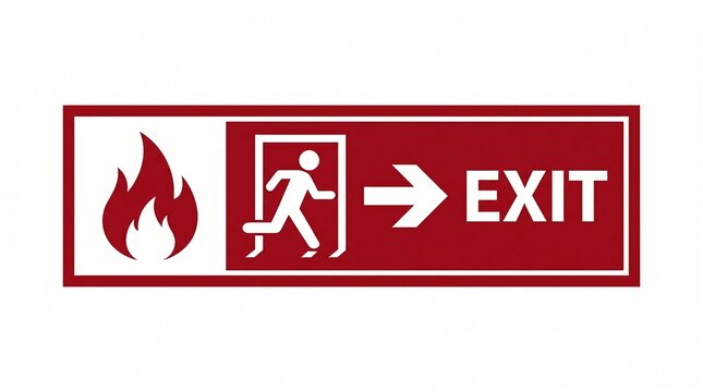 Fire emergency exit sign with flame icon, running person doorway symbol, bold EXIT text, safety arrow direction, evacuation guidance signage.