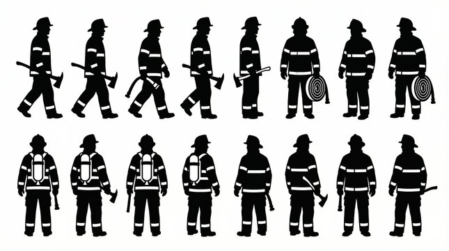 Firefighter silhouette icons with helmets, protective gear, axes, hoses, shields, emergency response poses, firefighting tools, rescue readiness symbols.