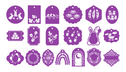 Obraz premium Purple Baby Shower Gift Tags Set With Cute Animals Toys And Floral Graphics Vector