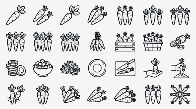 Sleek Black and White Carrot Themed Icons Collection Featuring Various Illustrations of Carrots Harvesting Processing and Storage