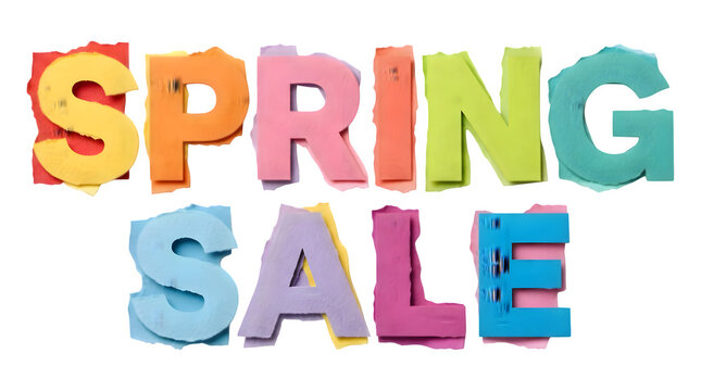 A colorful spring sale sign on transparent background with vibrant letters