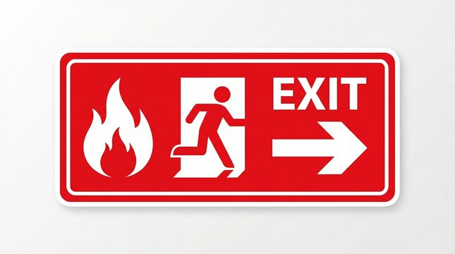 Fire emergency exit sign with flame icon, running person doorway symbol, bold EXIT text, safety arrow direction, evacuation guidance signage.