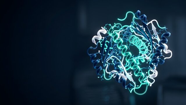 Abstract 3D rendering of a complex protein molecule structure with glowing neon blue and teal strands against a dark background, science and medicine concept.