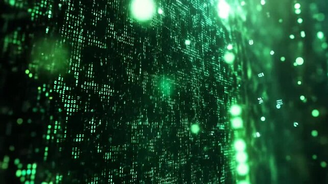 Abstract digital grid of glowing green data particles