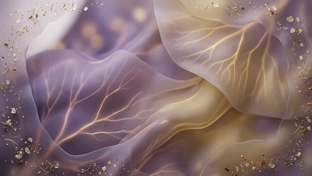 Ethereal waves of translucent lavender and gold fabric with delicate glowing vein-like patterns and scattered gold glitter and crystals
