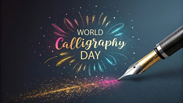 Dynamic fountain pen creating colorful splash for World Calligraphy Day.