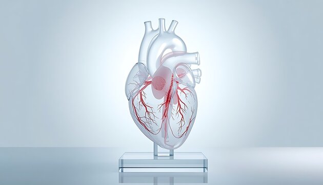 A detailed medical model of a human heart showing coronary arteries and internal structures on a stand