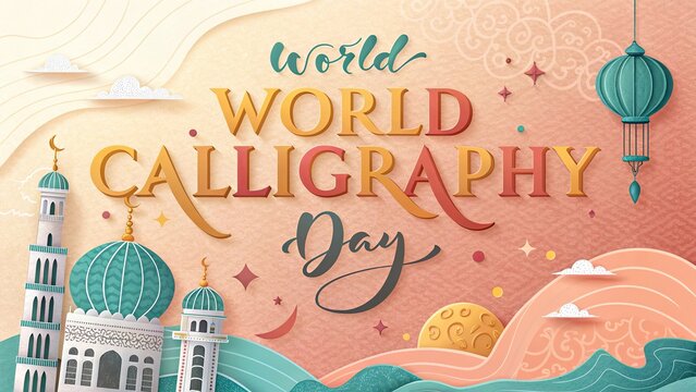 Paper cut art illustration celebrating World Calligraphy Day with mosque.