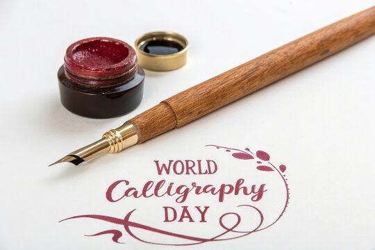 Traditional wooden qalam pen beside maroon ink and calligraphy text.