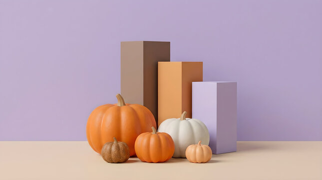 Minimalist autumn composition with orange and white pumpkins arranged with geometric blocks on a soft purple background