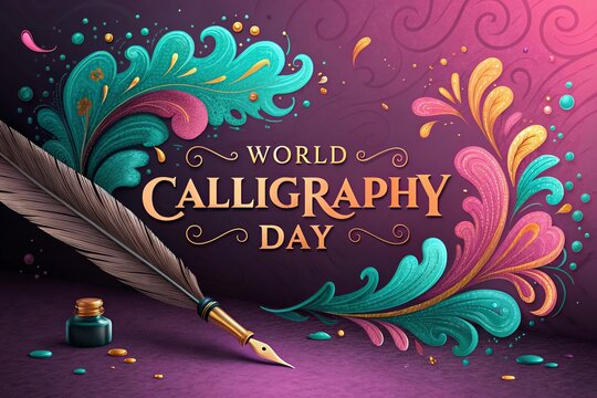 Vibrant watercolor splash design celebrating World Calligraphy Day with quill.