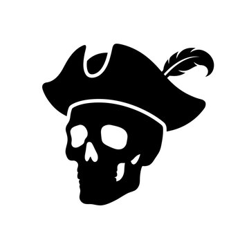 Pirate skull vector icon, black silhouette of human skull wearing tricorn hat with feather, nautical captain symbol for gaming and logos isolated on White Background