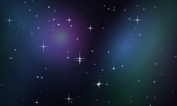 A dark space background, featuring a deep, purple and teal, nebula with scattered, white stars and, bright four-pointed starbursts, across the galaxy