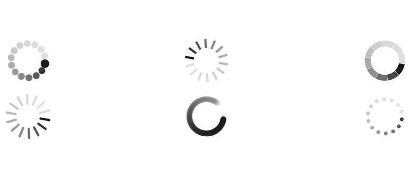Circular loading progress spinner icon set isolated on web interface background. Minimal buffering processing animation elements. Design symbols for software applications, mobile UI, UX, PNG