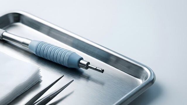 Close-up of sterile medical instruments on a stainless steel tray, including tweezers and a specialized tool with a blue grip.