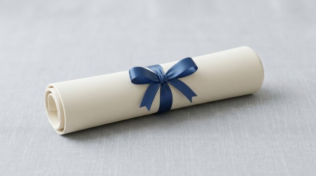 Building Trust Through Clear and Reliable Healthcare Services, Rolled diploma tied with a blue ribbon on a textured grey surface.