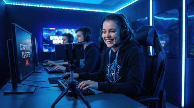 Smiling Caucasian teen girl streamer playing online game wearing headphone in host channel