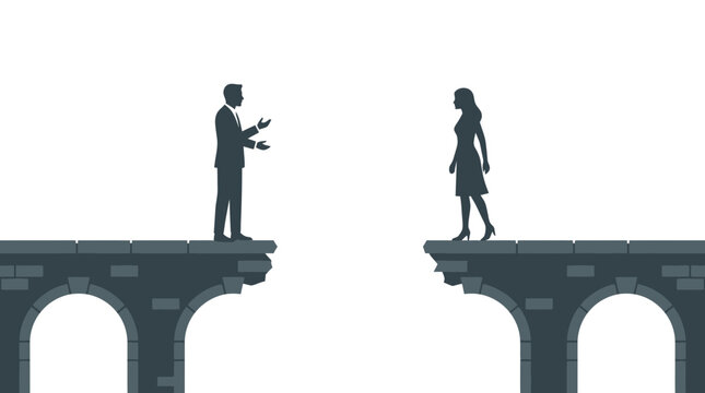 Professional business couple standing on broken bridge sections separated by a wide empty dark abyss vector