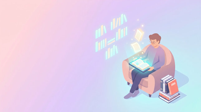 Digital Books Illustration Reader With Glowing E-Book