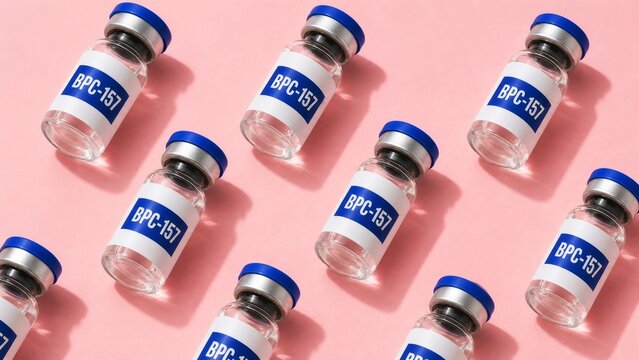 BPC-157 peptide vials arranged diagonally on pink surface
