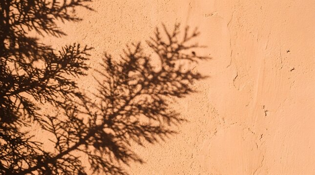 Tree branch shadow silhouette on a textured peach wall with sunlight