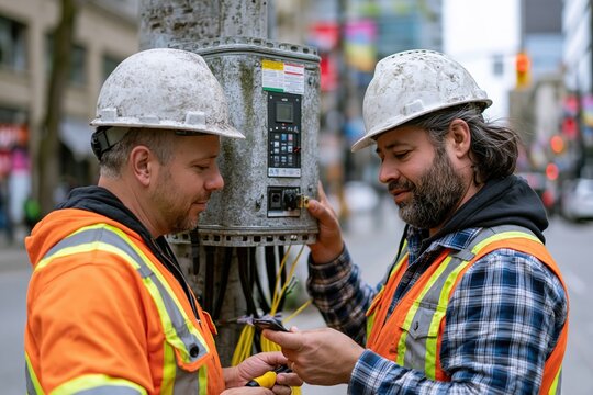 Technicians Installing Small - Cell Unit on Urban Utility Pole