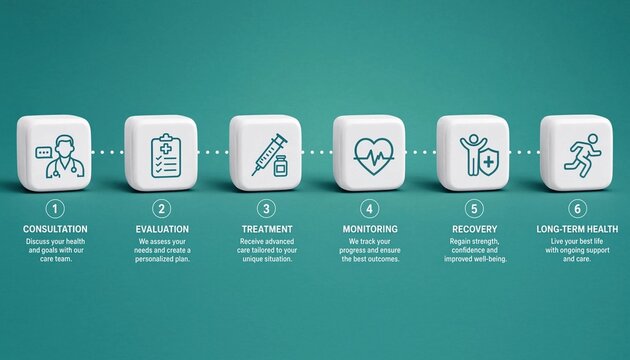 Six Step Medical Care Process Infographic Showing Consultation Evaluation Treatment Monitoring Recovery and Long Term Health Journey