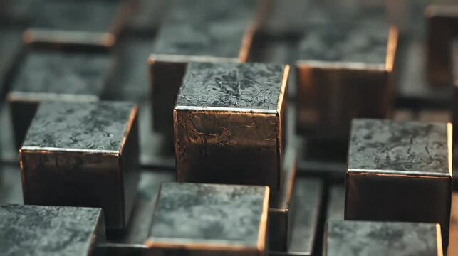 Abstract metallic cubes arranged in a grid with shallow depth of field