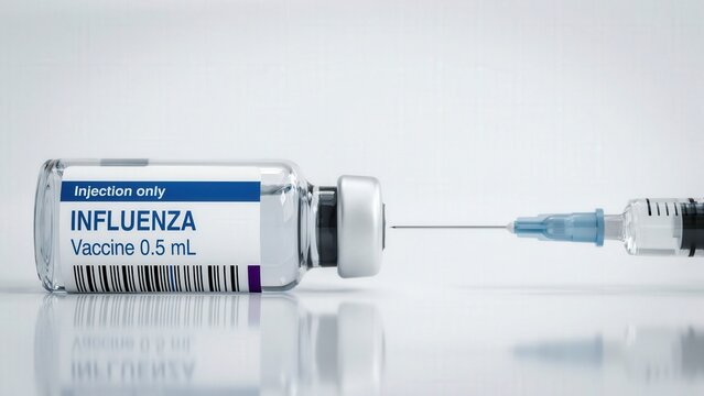 Influenza vaccine glass vial with hypodermic needle on white background influenza injection healthcare medicine