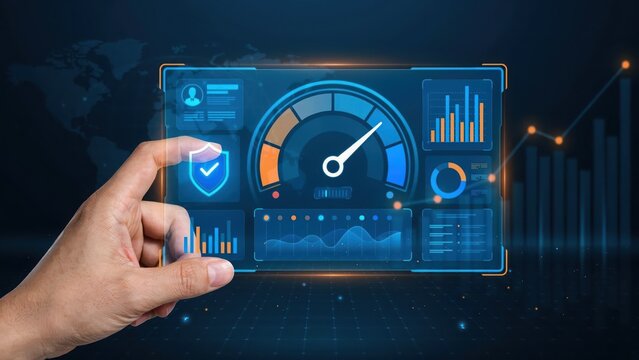 A hand interacting with a glowing blue digital dashboard interface showing a speedometer, data charts, and a security shield on dark background