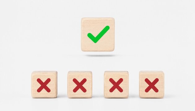 Wooden block visual representation showing one correct option among multiple incorrect choices with checkmark and crosses