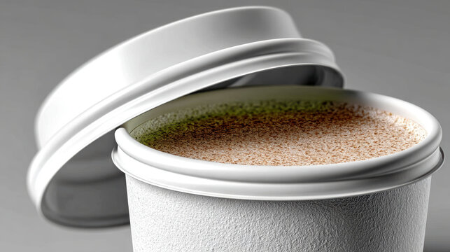 Disposable white coffee cup with textured sleeve and partially removed lid showing frothy cappuccino for beverage packaging mockup, cafe menu image and takeaway branding photo