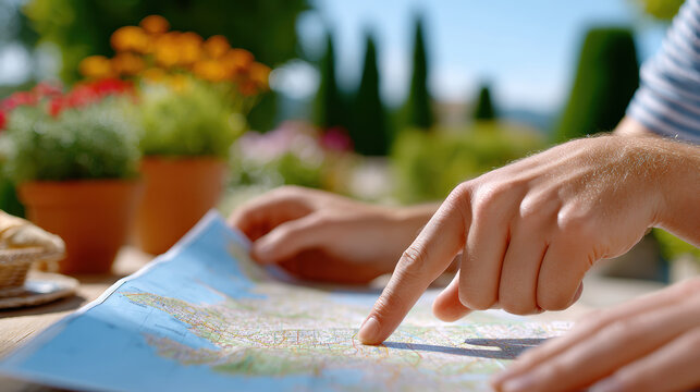 Friends travel map planning with hands pointing at folded map for trip route planning background and itinerary design