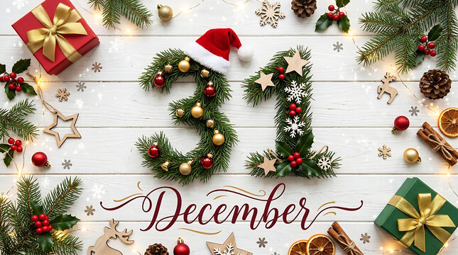 31 December New Year's Eve Decoration on White Wood