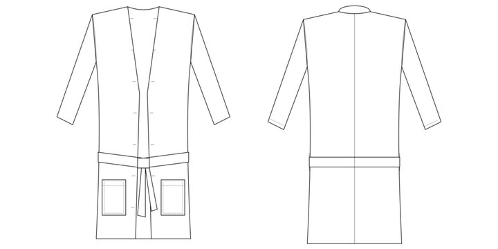 Blank bathrobe technical fashion flat sketch front and back view vector drawing template
