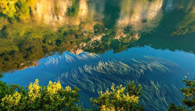 Clear river reflection showing aquatic plants and forest trees.