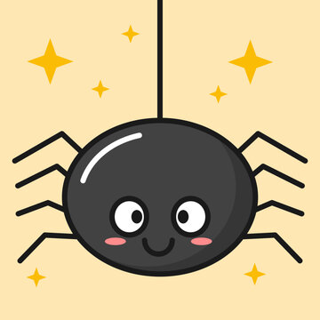 Cute Halloween Spider Illustration with Web and Sparkling Stars