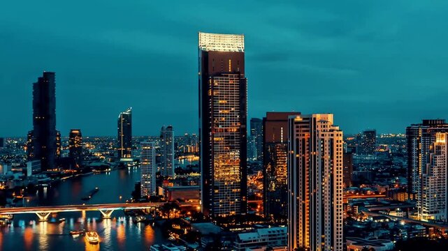 Modern City Skyline and Waterfront at Blue Hour