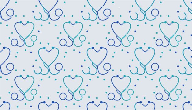 Seamless background pattern featuring heart shaped stethoscopes in blue tones