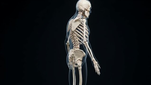 Human skeleton displayed against a pure dark clinical background, no flesh and no external human appearance, highly detailed bones and major skeletal joints