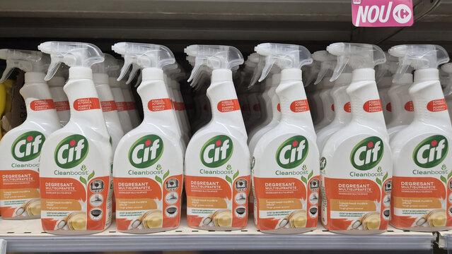 Rows of Cif Cleanboost multi-surface degreaser spray bottles arranged on a store shelf. Picture taken on August 8, 2026 in Bucharest, Romania.