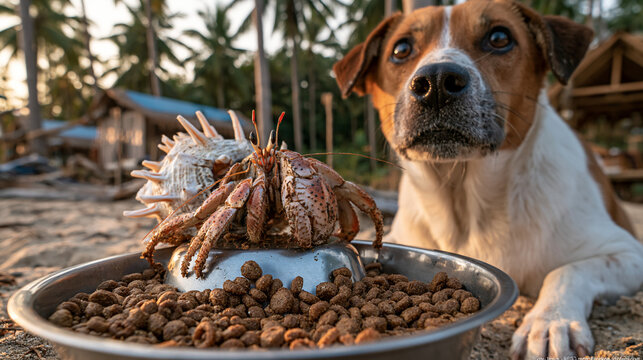 AI-generated images of coconut crabs&mdash;large hermit crabs often found on islands&mdash;which are known for their substantial size and occasional tendency to steal food intended for pets, such as dog or cat 