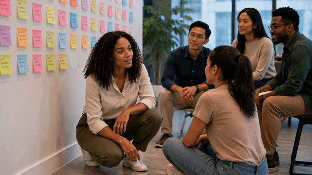Woman leader kneeling at eye-level in mentoring moment