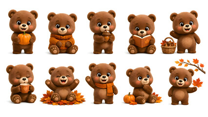 Fototapeta premium Cute Baby Brown Bear Autumn Mascot Collection, 3D Cartoon Character Set with Cozy Fall Accessories on White Background