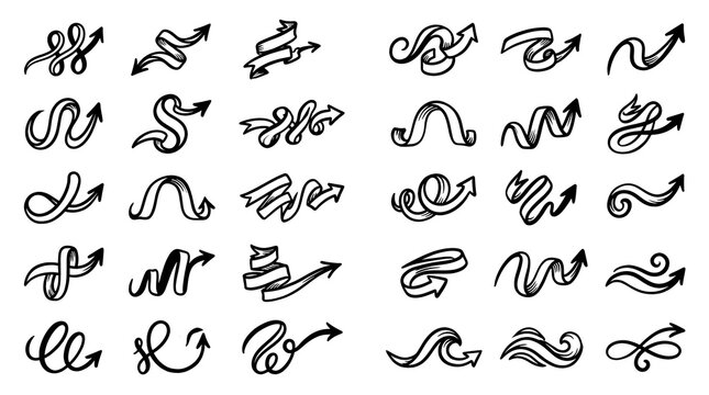 Ribbon style arrow set with hand drawn curling scroll swirl and wavy directional ribbon pointers vector illustration
