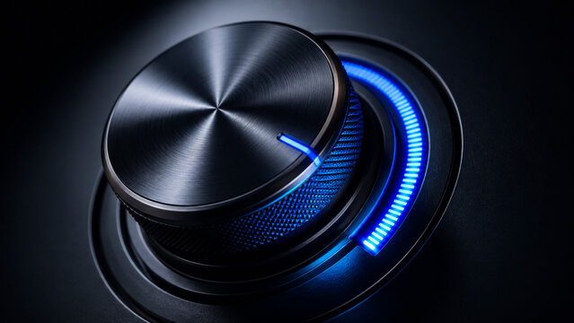 Close up of a metallic control knob with glowing blue LED indicator